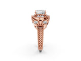 Rose gold Princess Cut Halo Milgrain Diamond Engagement Ring with Leaf Band and Four-Prong Setting_5