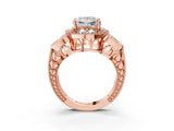 Rose gold Princess Cut Halo Milgrain Diamond Engagement Ring with Leaf Band and Four-Prong Setting_6