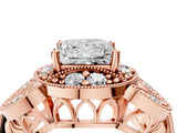 Rose gold Princess Cut Halo Milgrain Diamond Engagement Ring with Leaf Band and Four-Prong Setting_7