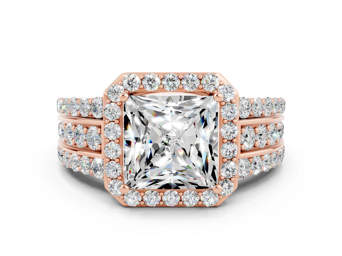 Rose gold Princess Cut Halo Moissanite Ring with Split Shank and Four-Prong Setting