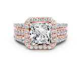 Rose gold Princess Cut Halo Moissanite Ring with Split Shank and Four-Prong Setting