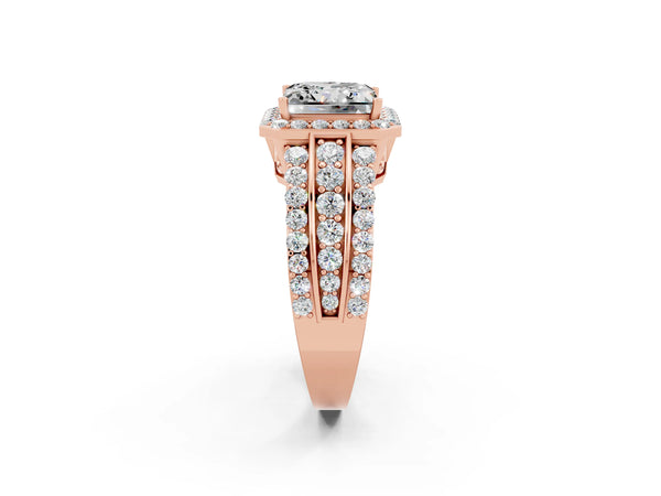 Rose gold Princess Cut Halo Moissanite Ring with Round  Split Shank and Prong Setting