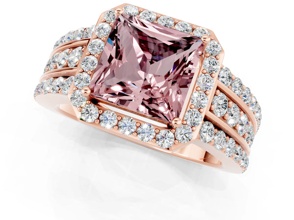 Rose gold Princess Cut Halo Morganite Ring with Round  Split Shank and Prong Setting