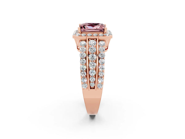 Rose gold Princess Cut Halo Morganite Ring with Round  Split Shank and Prong Setting