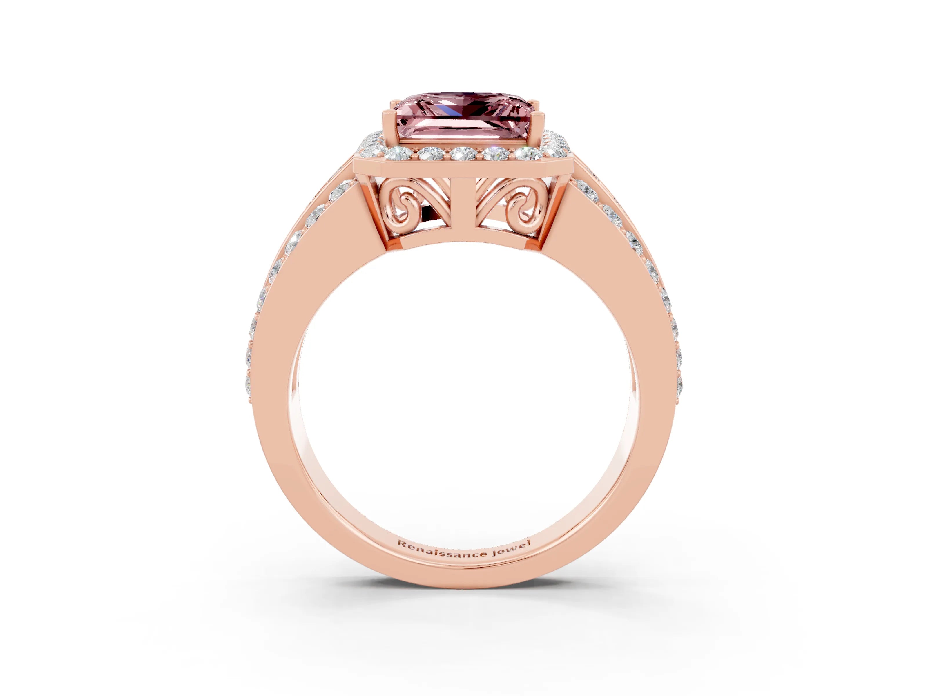 Rose gold Princess Cut Halo Morganite Ring with Split Shank and Four-Prong Setting_3
