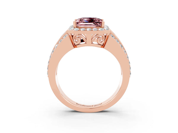 Rose gold Princess Cut Halo Morganite Ring with Round  Split Shank and Prong Setting