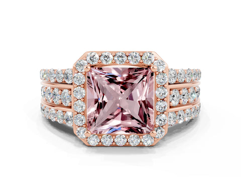 Rose gold Princess Cut Halo Morganite Ring with Split Shank and Four-Prong Setting