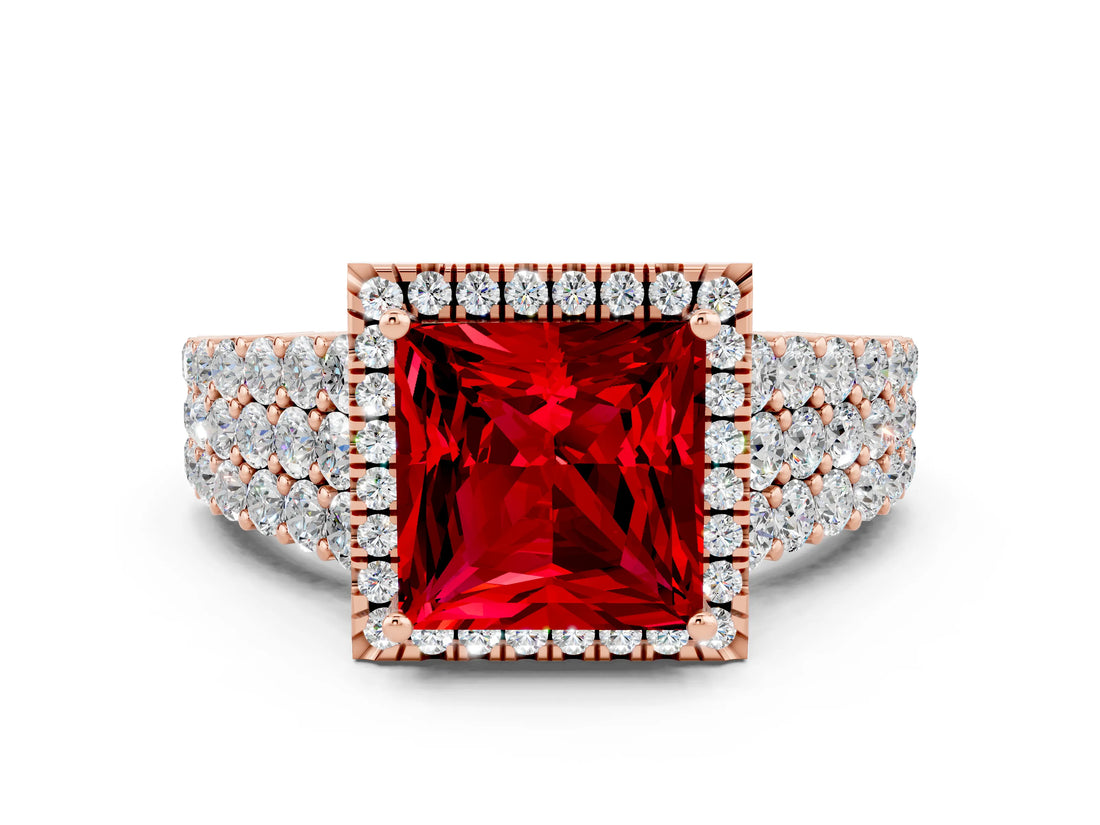 Rose gold Princess Cut Halo Pavé Diamond Engagement Ring with Split Shank and Four-Prong Setting