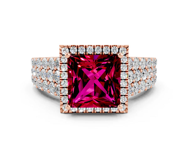 Rose gold Princess Cut Garnet Halo Engagement Ring with Triple Row Round Pavé Band and Prong Setting