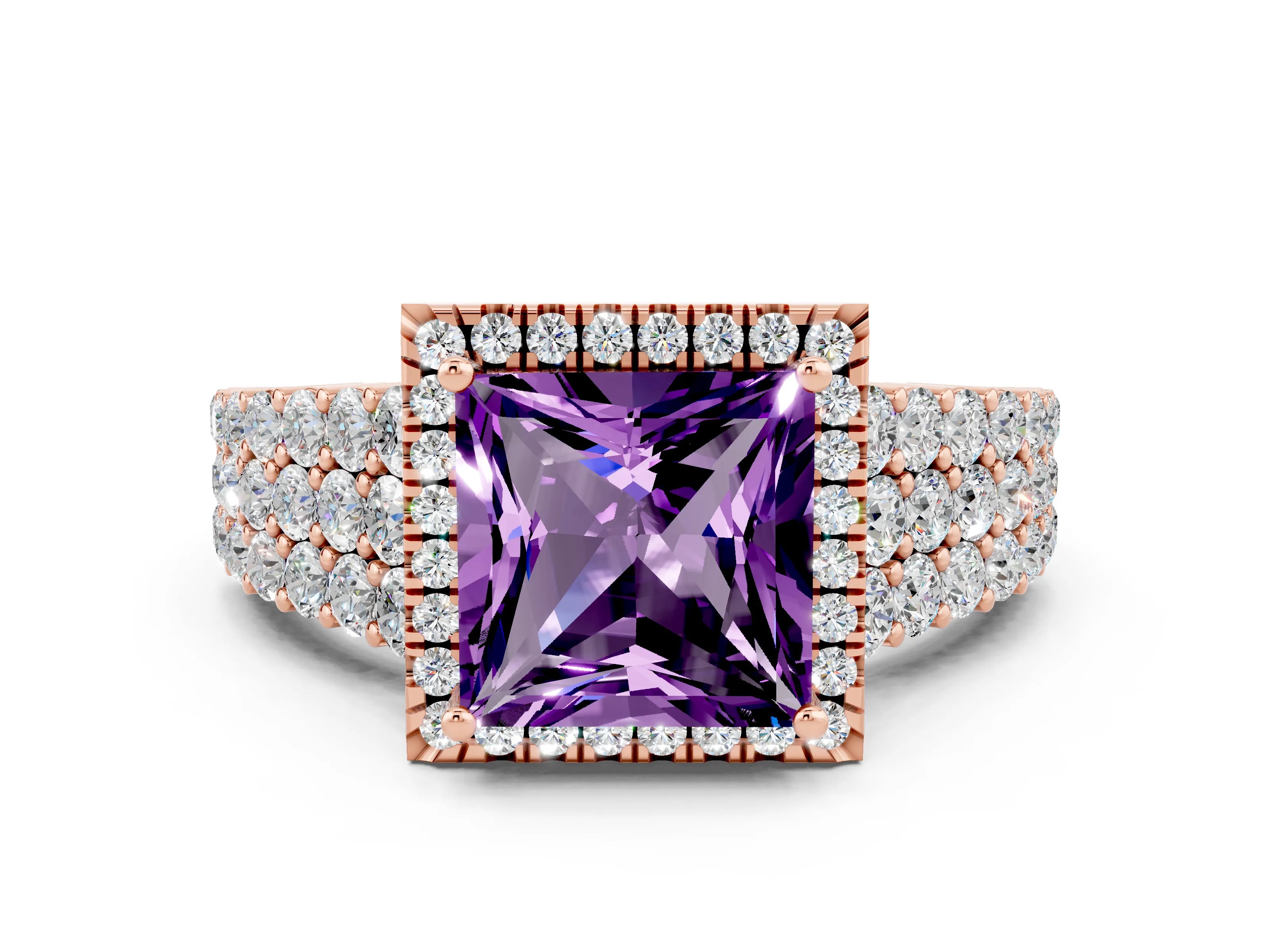 Rose gold Princess Cut Halo Pavé Diamond Engagement Ring with Split Shank and Four-Prong Setting