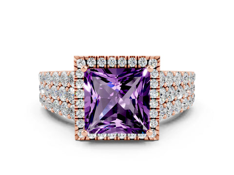 Rose gold Princess Cut Halo Pavé Diamond Engagement Ring with Split Shank and Four-Prong Setting