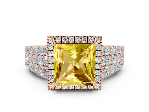 Rose gold Princess Cut Yellow Sapphire Halo Engagement Ring with Triple Row Round Pavé Band and Prong Setting