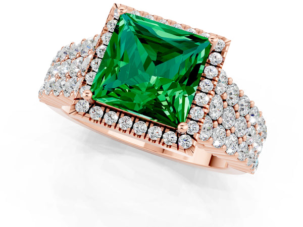 Rose gold Princess Cut Emerald Halo Engagement Ring with Triple Row Round Pavé Band and Prong Setting