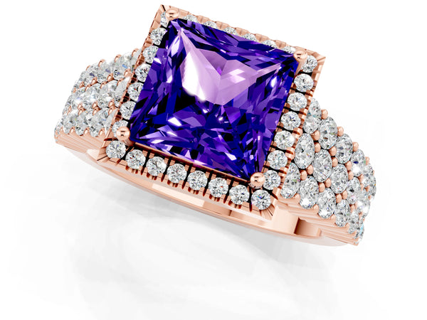 Rose gold Princess Cut Tanzanite Halo Engagement Ring with Triple Row Round Pavé Band and Prong Setting