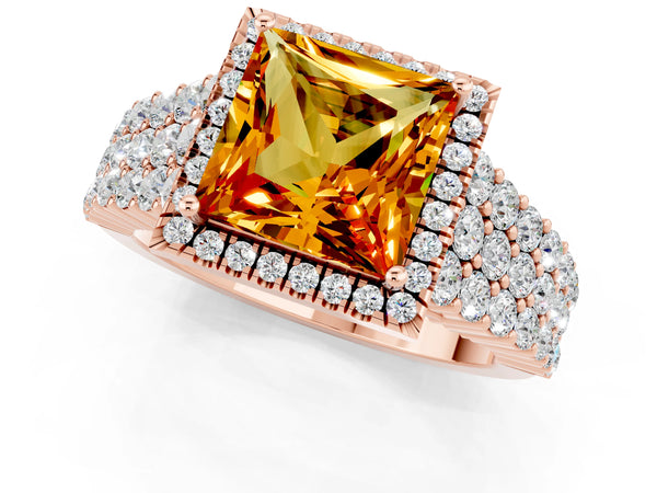 Rose gold Princess Cut Citrine Halo Engagement Ring with Triple Row Round Pavé Band and Prong Setting