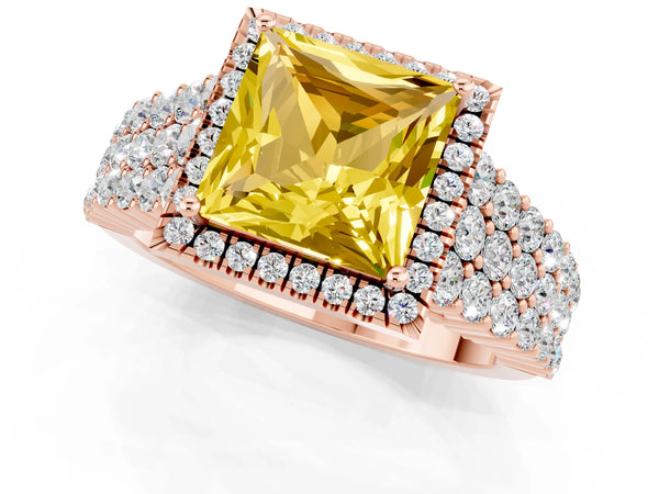 Rose gold Princess Cut Yellow Sapphire Halo Engagement Ring with Triple Row Round Pavé Band and Prong Setting