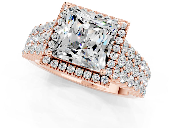 Rose gold Princess Cut Moissanite Halo Engagement Ring with Triple Row Round Pavé Band and Prong Setting