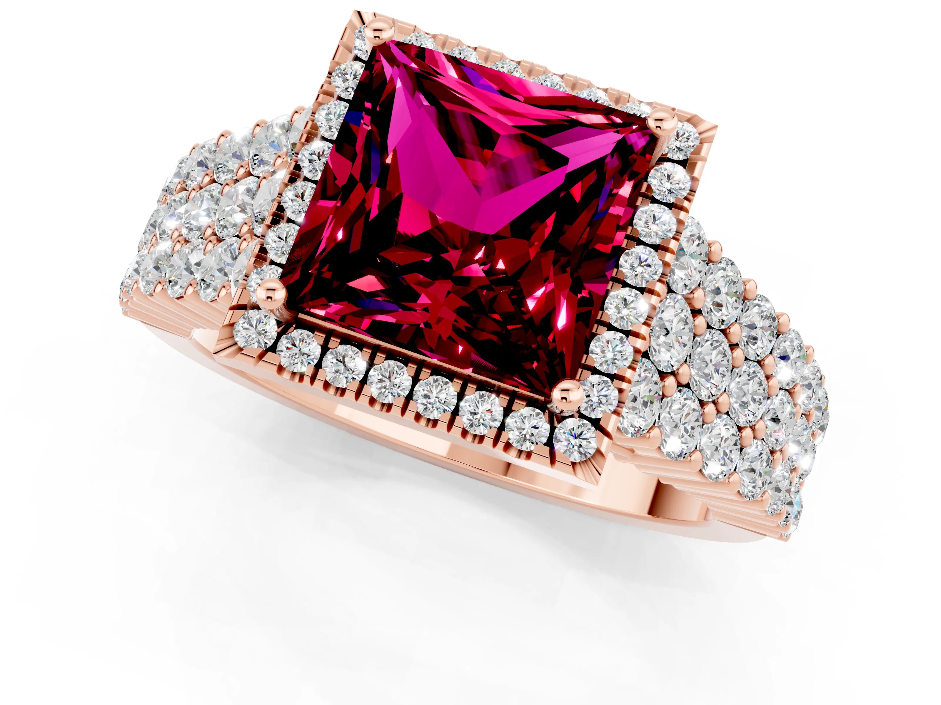 Rose gold Princess Cut Halo Pavé Diamond Engagement Ring with Split Shank and Four-Prong Setting_1
