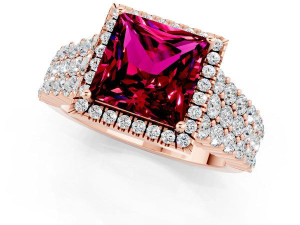Rose gold Princess Cut Garnet Halo Engagement Ring with Triple Row Round Pavé Band and Prong Setting