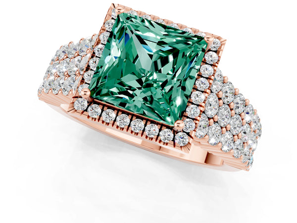 Rose gold Princess Cut Green Sapphire Halo Engagement Ring with Triple Row Round Pavé Band and Prong Setting