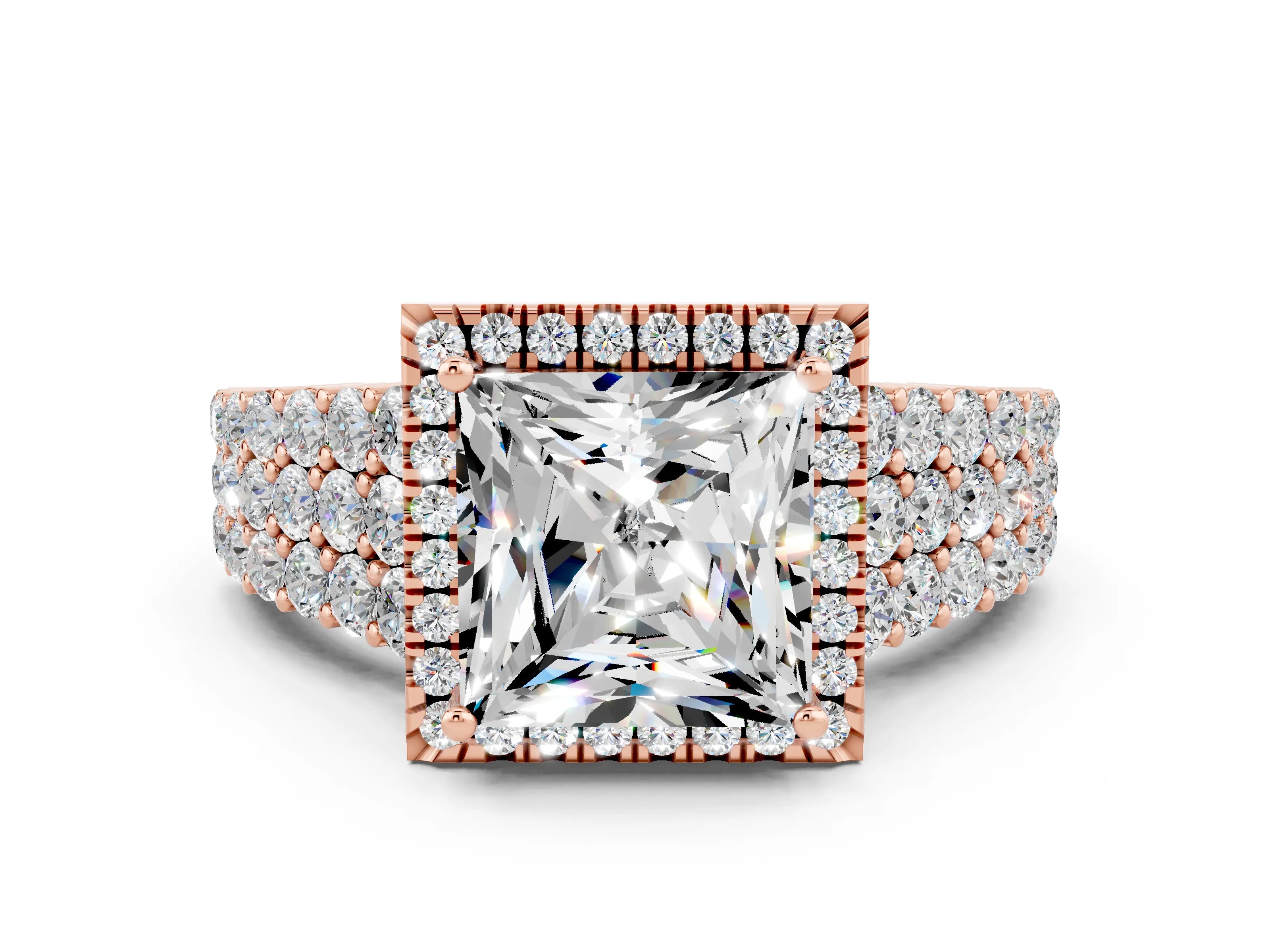 Rose gold Princess Cut Halo Pavé Diamond Engagement Ring with Split Shank and Four-Prong Setting