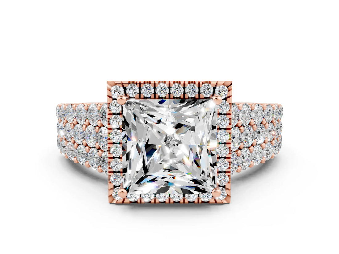 Rose gold Princess Cut Halo Pavé Diamond Engagement Ring with Split Shank and Four-Prong Setting
