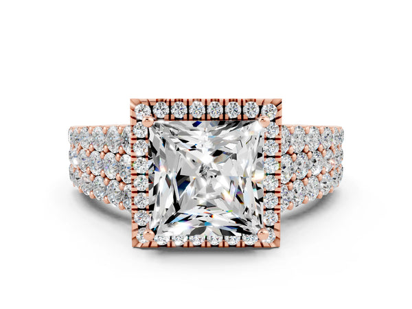 Rose gold Princess Cut Moissanite Halo Engagement Ring with Triple Row Round Pavé Band and Prong Setting