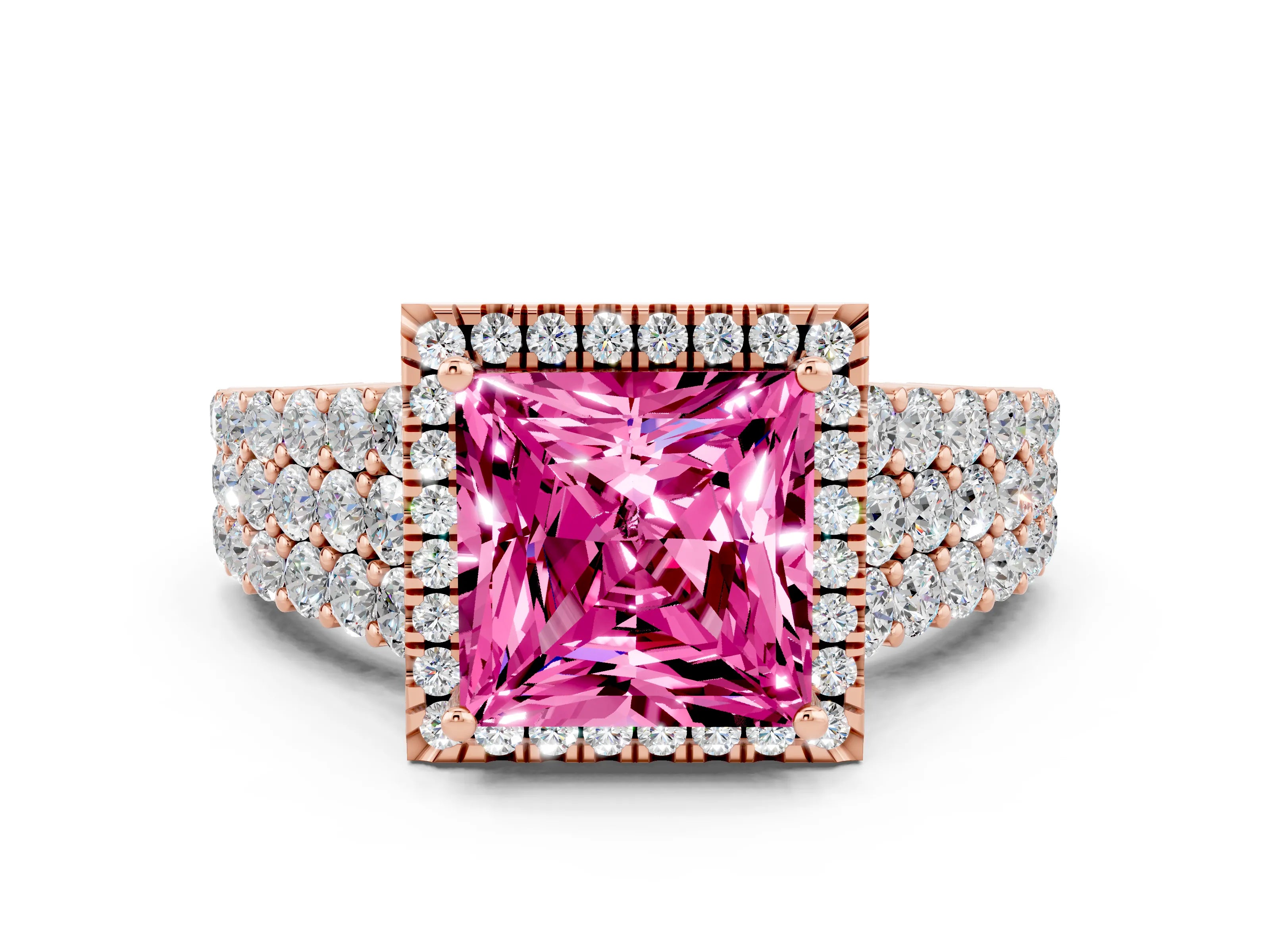 Rose gold Princess Cut Halo Pavé Diamond Engagement Ring with Split Shank and Four-Prong Setting