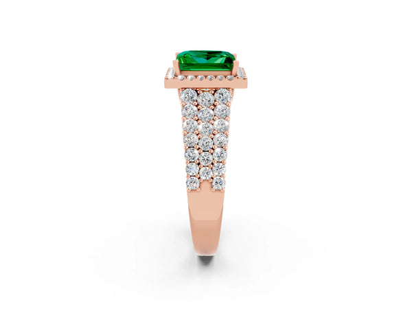Rose gold Princess Cut Emerald Halo Engagement Ring with Triple Row Round Pavé Band and Prong Setting