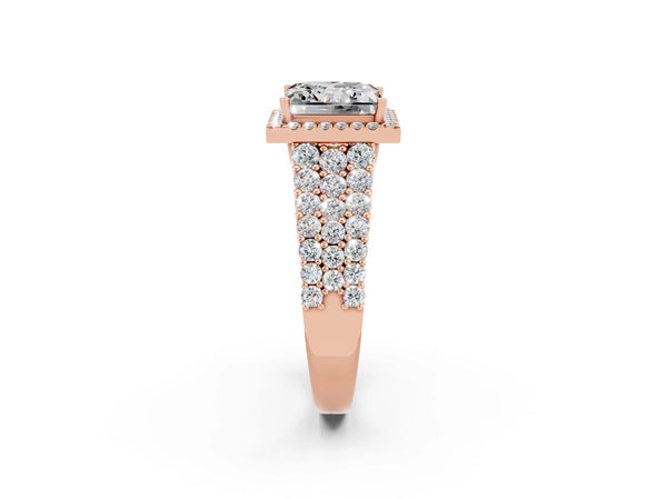 Rose gold Princess Cut Moissanite Halo Engagement Ring with Triple Row Round Pavé Band and Prong Setting