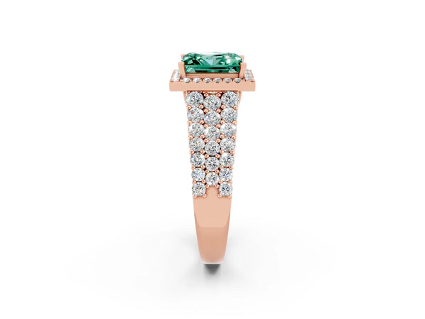 Rose gold Princess Cut Green Sapphire Halo Engagement Ring with Triple Row Round Pavé Band and Prong Setting