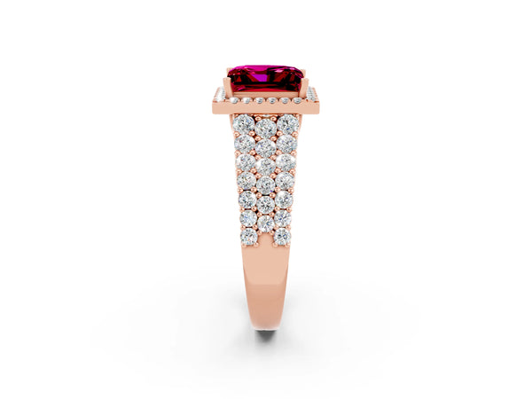 Rose gold Princess Cut Garnet Halo Engagement Ring with Triple Row Round Pavé Band and Prong Setting