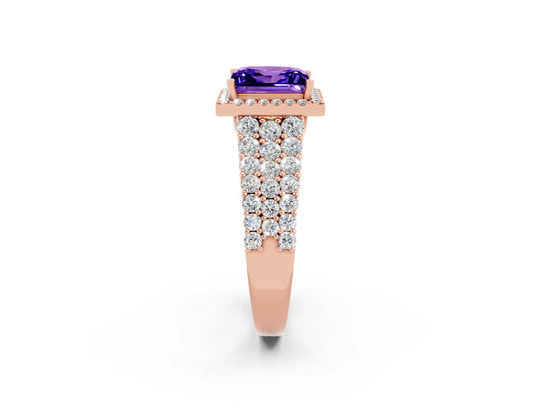 Rose gold Princess Cut Tanzanite Halo Engagement Ring with Triple Row Round Pavé Band and Prong Setting