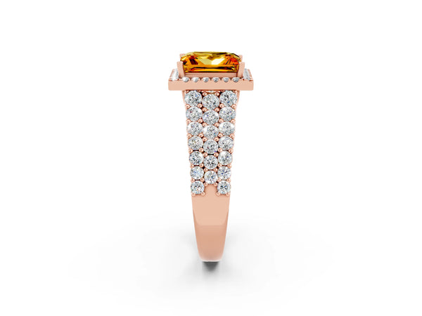 Rose gold Princess Cut Citrine Halo Engagement Ring with Triple Row Round Pavé Band and Prong Setting