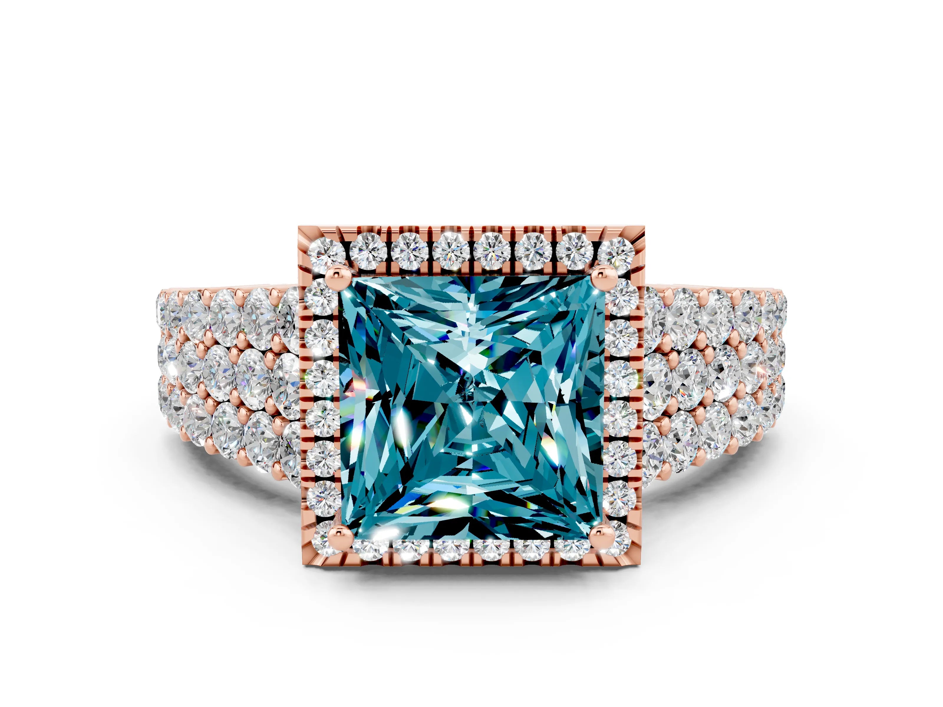 Rose gold Princess Cut Halo Pavé Diamond Engagement Ring with Split Shank and Four-Prong Setting