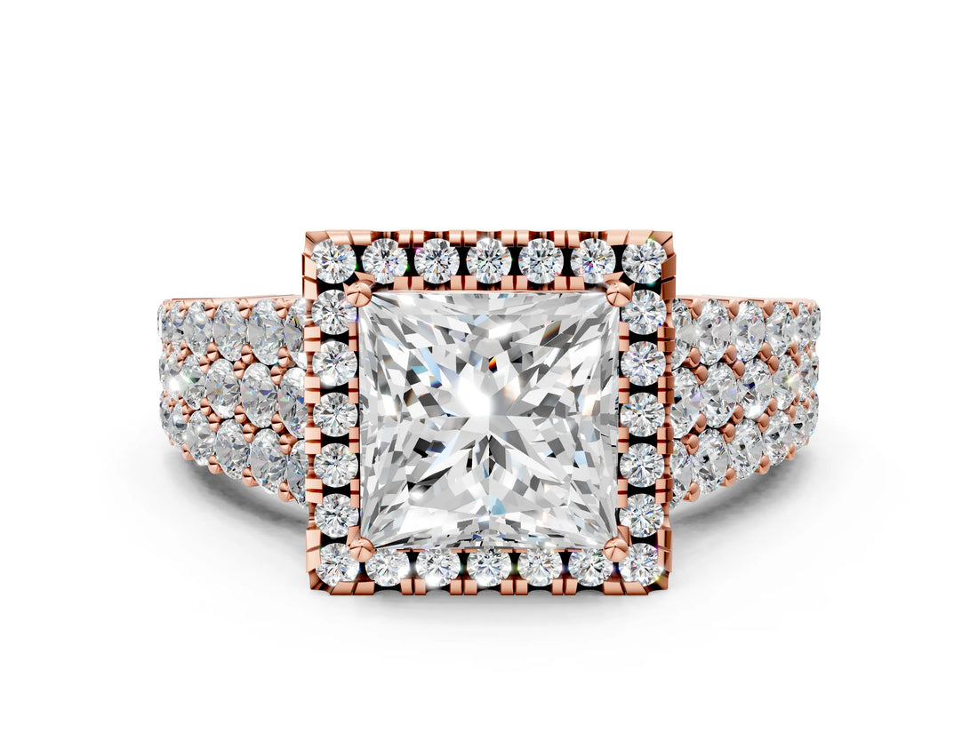 Rose gold Princess Cut Halo Pavé Diamond Engagement Ring with Split Shank and Four-Prong Setting_3