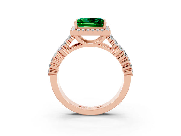Rose gold Princess Cut Emerald Halo Engagement Ring with Triple Row Round Pavé Band and Prong Setting