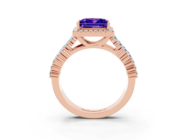 Rose gold Princess Cut Tanzanite Halo Engagement Ring with Triple Row Round Pavé Band and Prong Setting