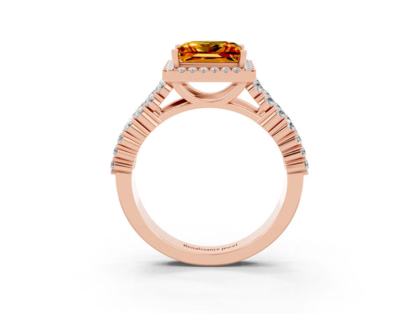 Rose gold Princess Cut Citrine Halo Engagement Ring with Triple Row Round Pavé Band and Prong Setting