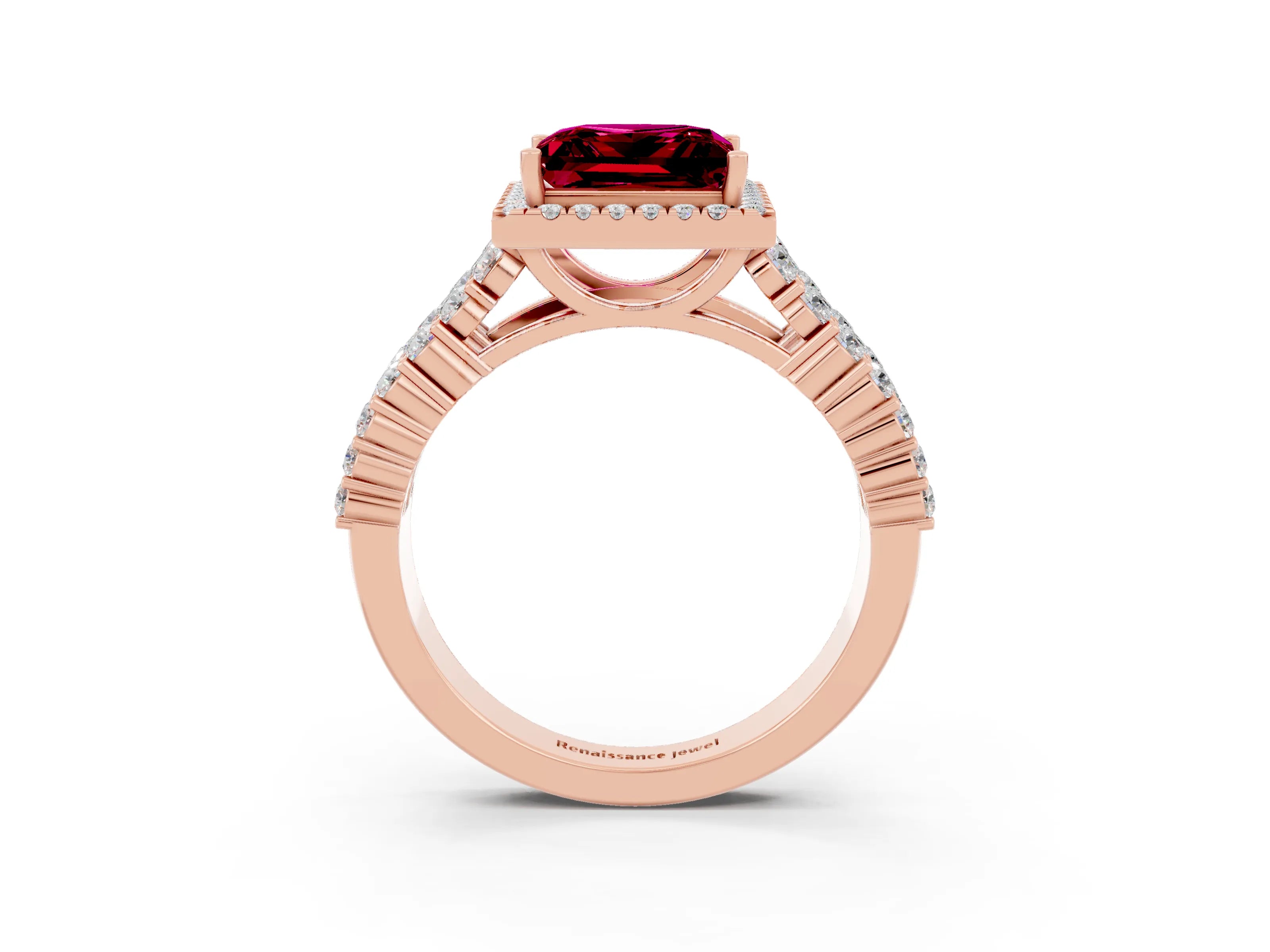 Rose gold Princess Cut Halo Pavé Diamond Engagement Ring with Split Shank and Four-Prong Setting_3