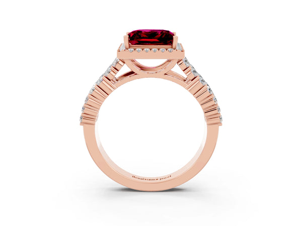Rose gold Princess Cut Garnet Halo Engagement Ring with Triple Row Round Pavé Band and Prong Setting