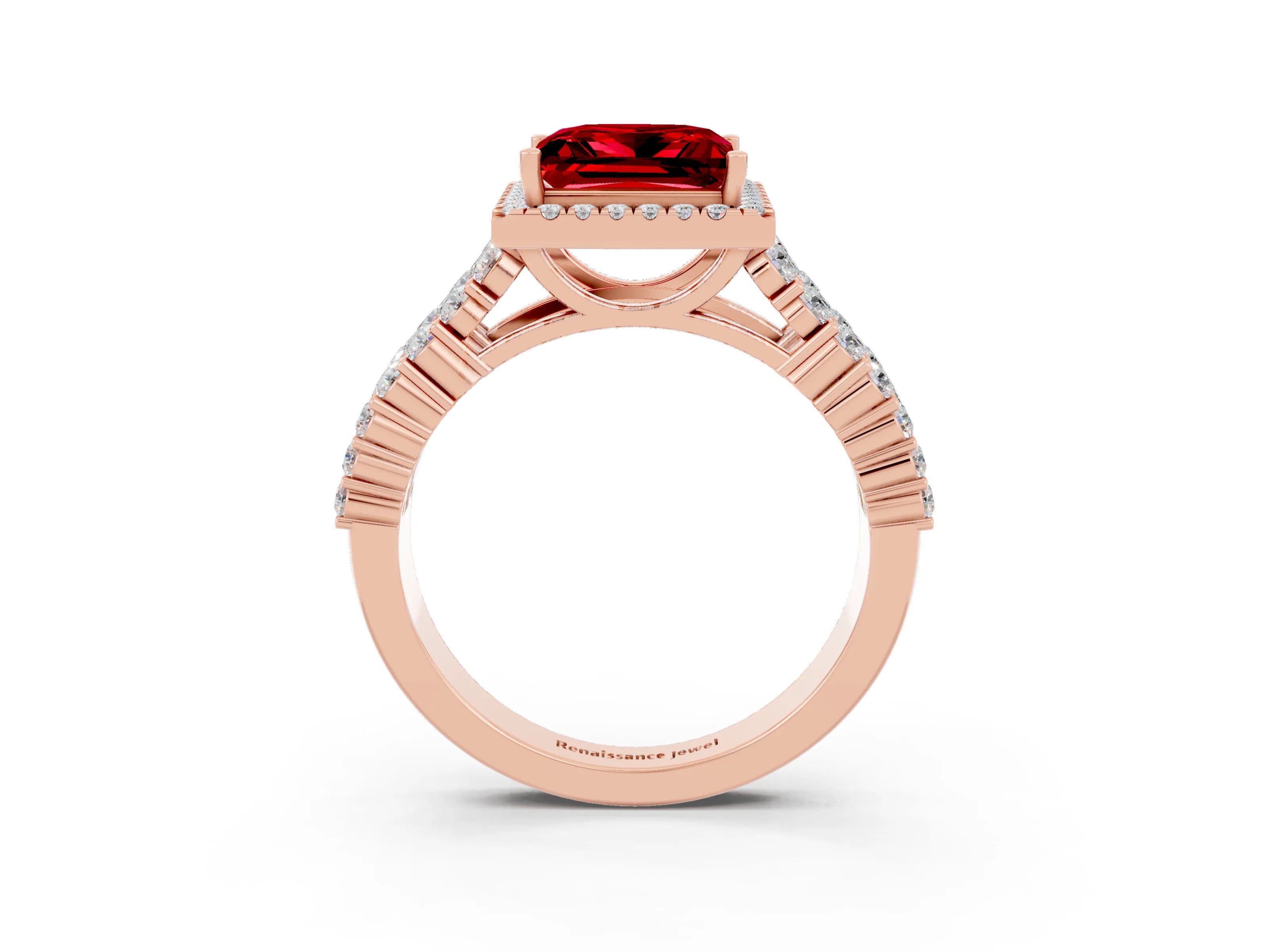 Rose gold Princess Cut Halo Pavé Diamond Engagement Ring with Split Shank and Four-Prong Setting_3