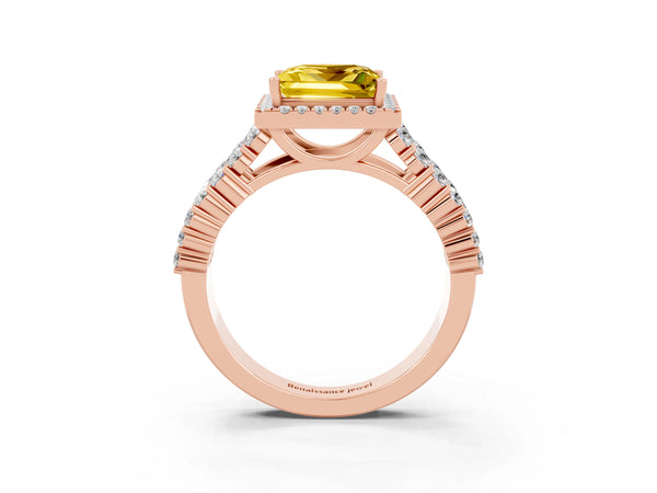 Rose gold Princess Cut Yellow Sapphire Halo Engagement Ring with Triple Row Round Pavé Band and Prong Setting