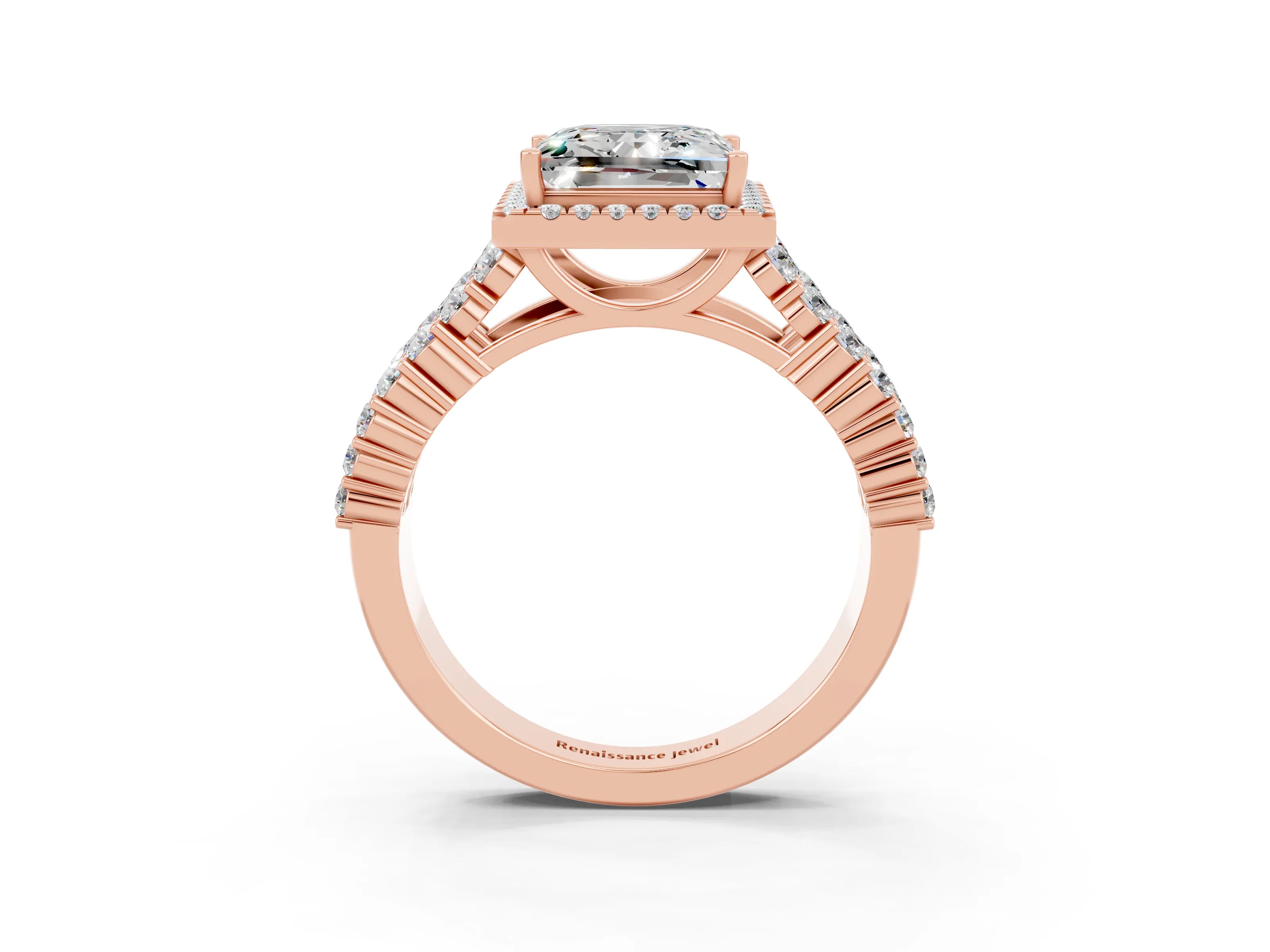 Rose gold Princess Cut Halo Pavé Diamond Engagement Ring with Split Shank and Four-Prong Setting_3