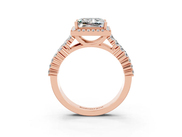 Rose gold Princess Cut Moissanite Halo Engagement Ring with Triple Row Round Pavé Band and Prong Setting
