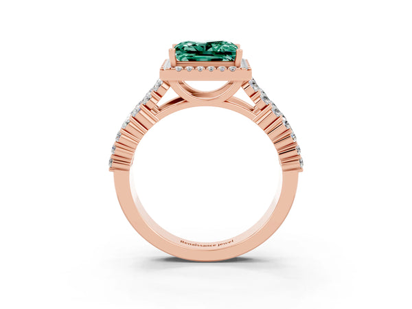 Rose gold Princess Cut Green Sapphire Halo Engagement Ring with Triple Row Round Pavé Band and Prong Setting