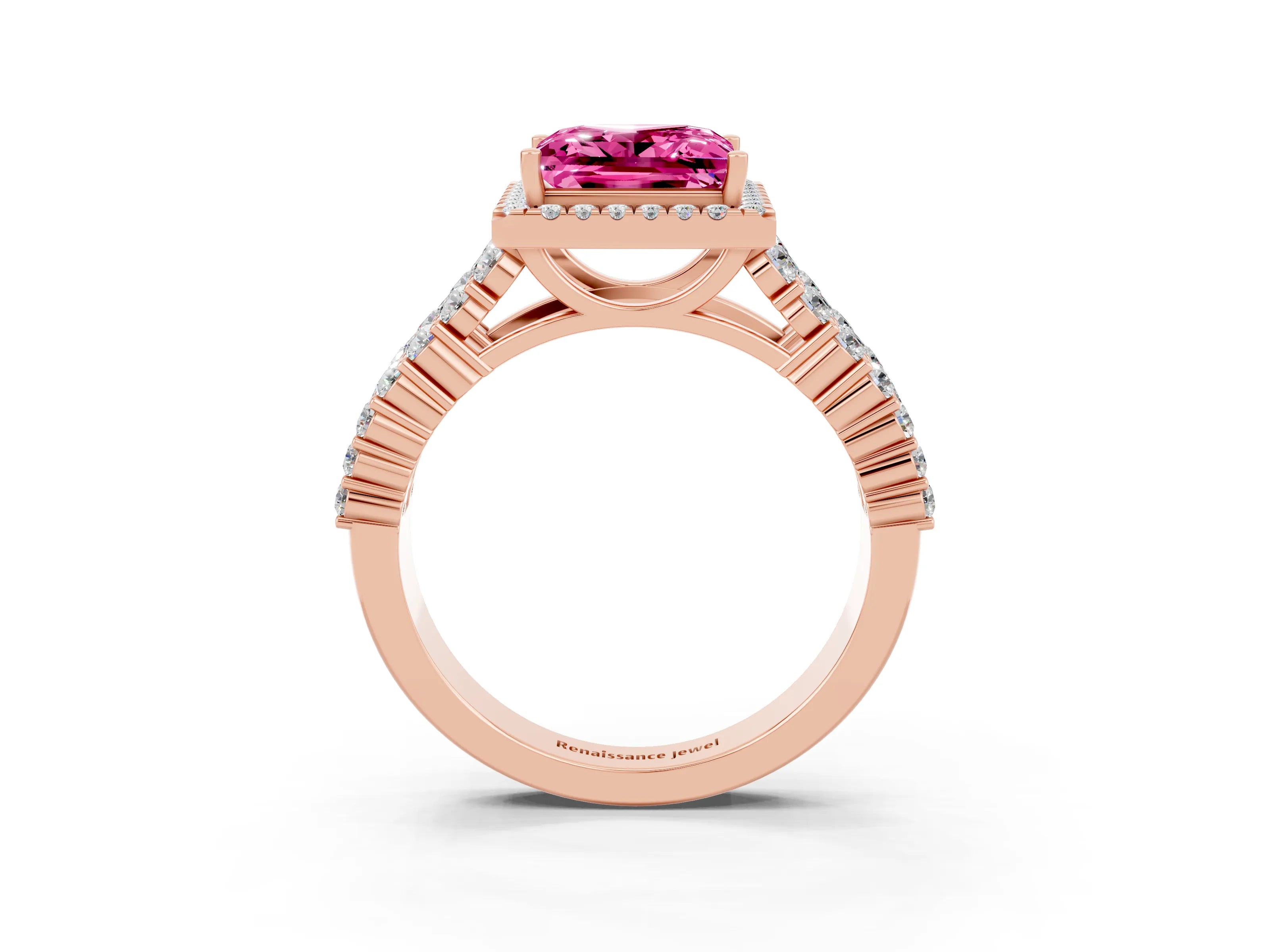 Rose gold Princess Cut Halo Pavé Diamond Engagement Ring with Split Shank and Four-Prong Setting_3