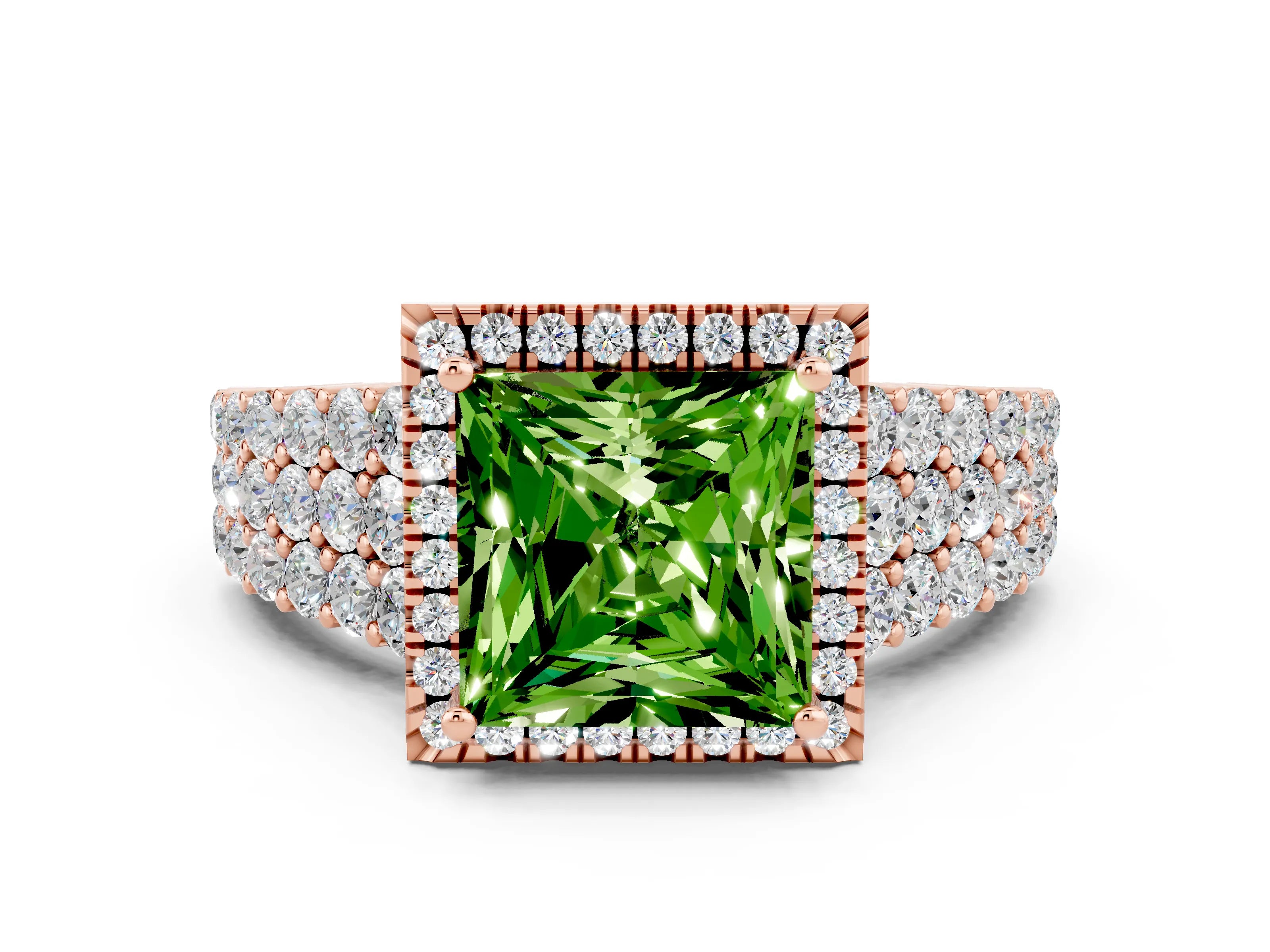 Rose gold Princess Cut Halo Pavé Diamond Engagement Ring with Split Shank and Four-Prong Setting