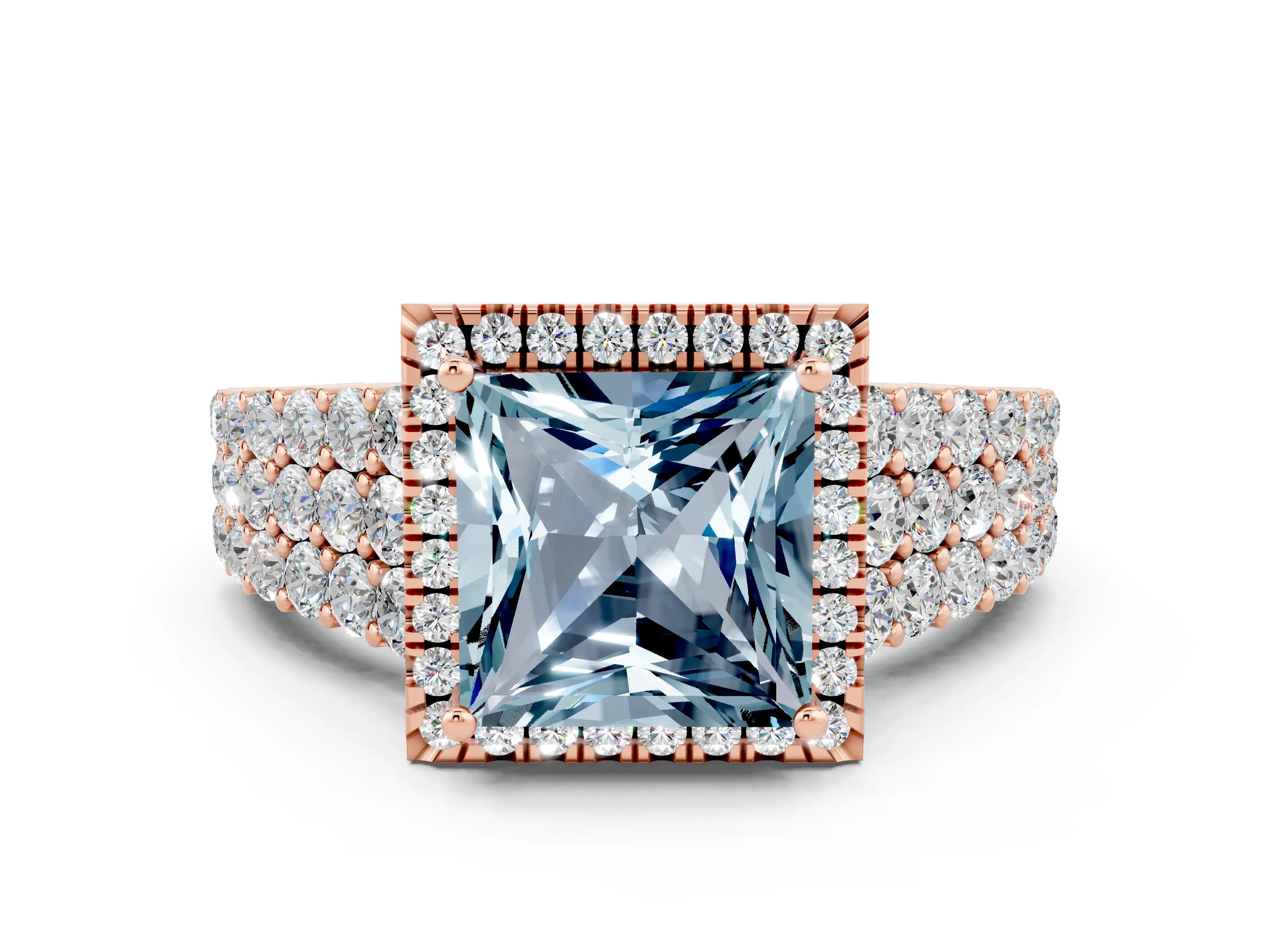 Rose gold Princess Cut Halo Pavé Diamond Engagement Ring with Split Shank and Four-Prong Setting