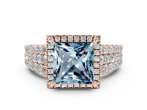 Rose gold Princess Cut Halo Pavé Diamond Engagement Ring with Split Shank and Four-Prong Setting